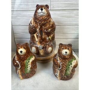 Ceramic 8" Bear Fisherman Candle Burner with a set of salt and pepper shakers